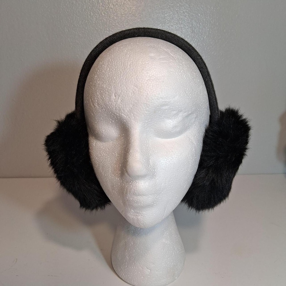 Womens Michael Kors black faux fur earmuffs with gray band spell out